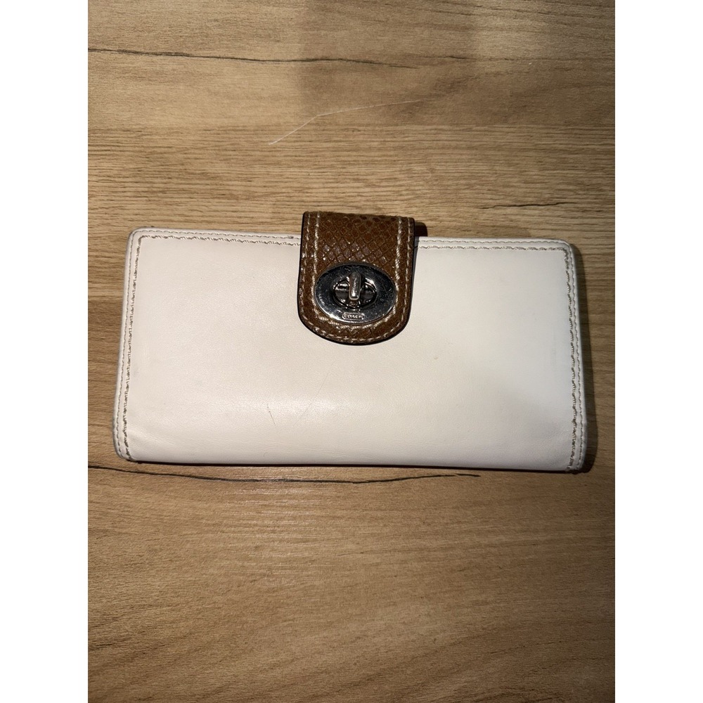 Coach Cream Leather Trifold Wallet Brown Snakeskin Turnlock Y2K Vintage Style M